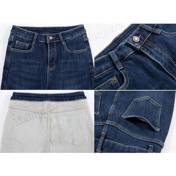 Women's Fleece Lined Jeans Slim Fit High Waist Warm Denim Winter Pants - Picture 5 of 6